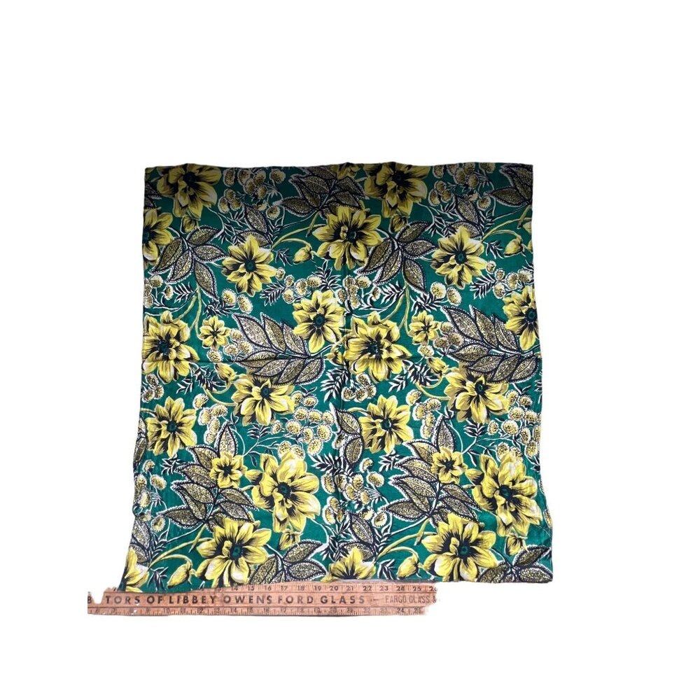 Vintage Floral Print Rectangular Scarf 25" Square Green Yellow Lightweight Soft